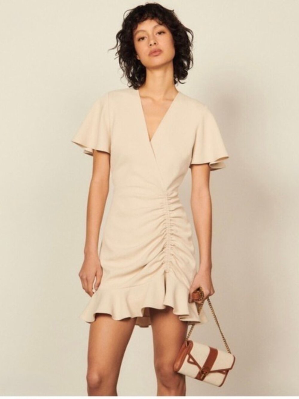 SANDRO~ALBI Ruched Ruffled Crepe Mini Dress~ Beige~EU 36
